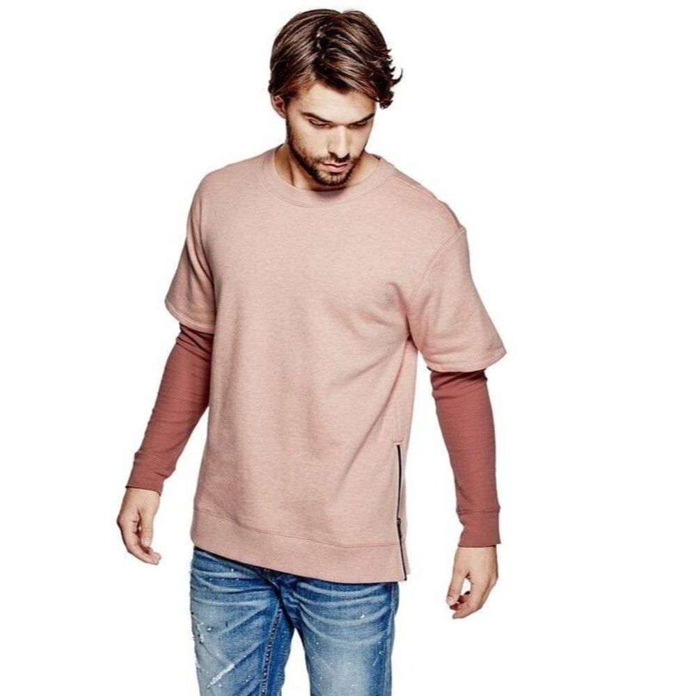 $98 Guess Men’s Roy Two Fer Pullover Sweater In Cameo Brown Heather Size 2XL